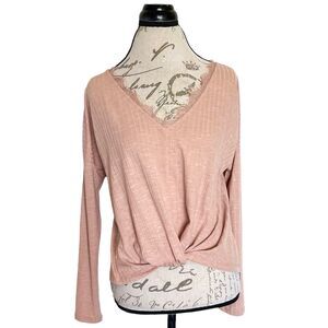 Blue Rain Blouse Sz XS Front Twist Knot  Long Sleeve Fringe V Neckline Bohemian